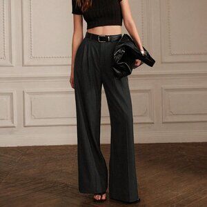 Grey Casual Women's Pleated Wide Leg Suit Pants